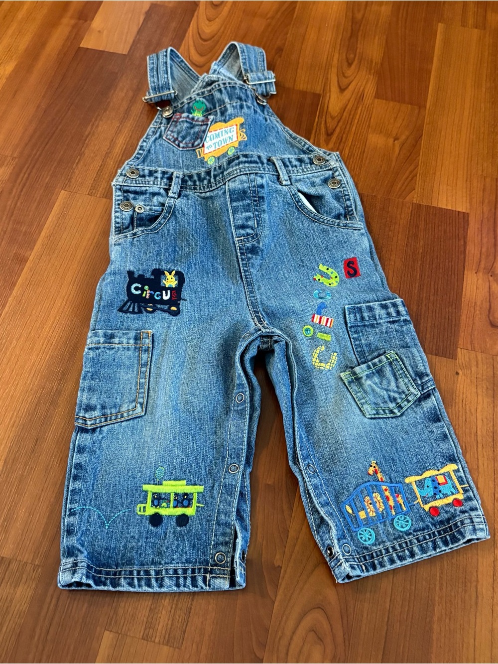 Flapdoodles Blue Denim Overalls with Colorful Train Appliqués